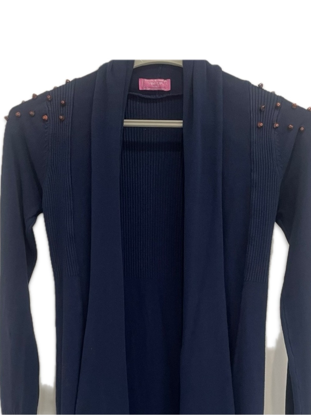 Pin Up Woman Navy Blue Studded Shoulder Open Front Cardigan Sweater Small